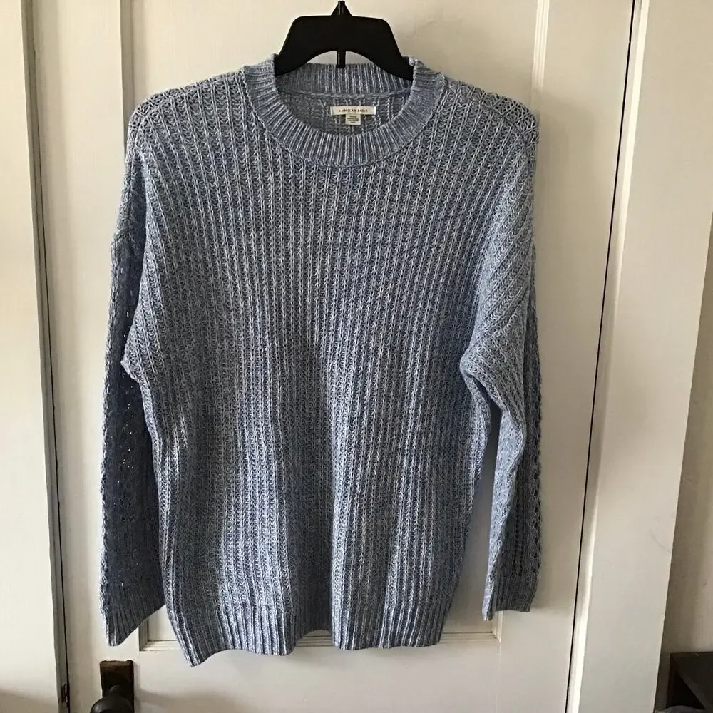 American Eagle Blue & White Cotton Blend Crewneck Pullover Sweater Small